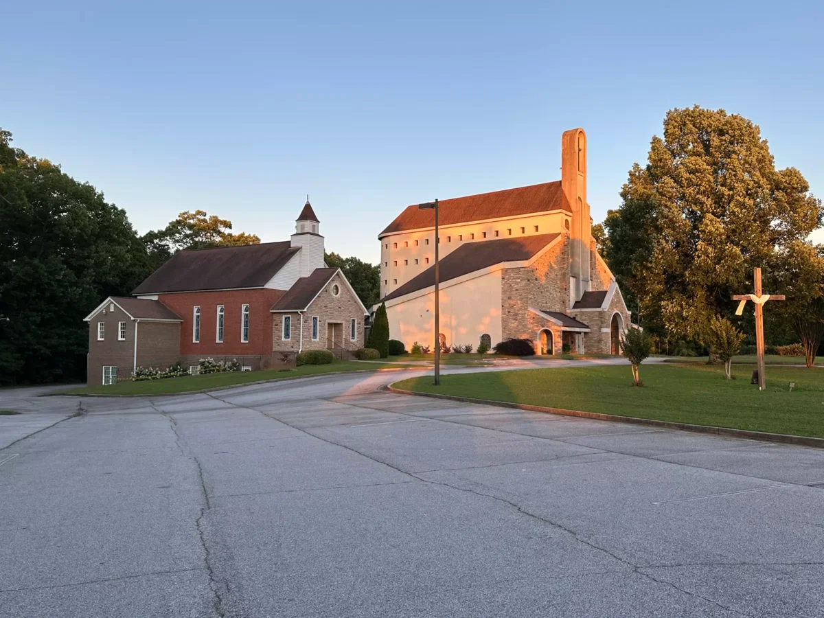 Bethel Methodist Church building and grounds at sunset