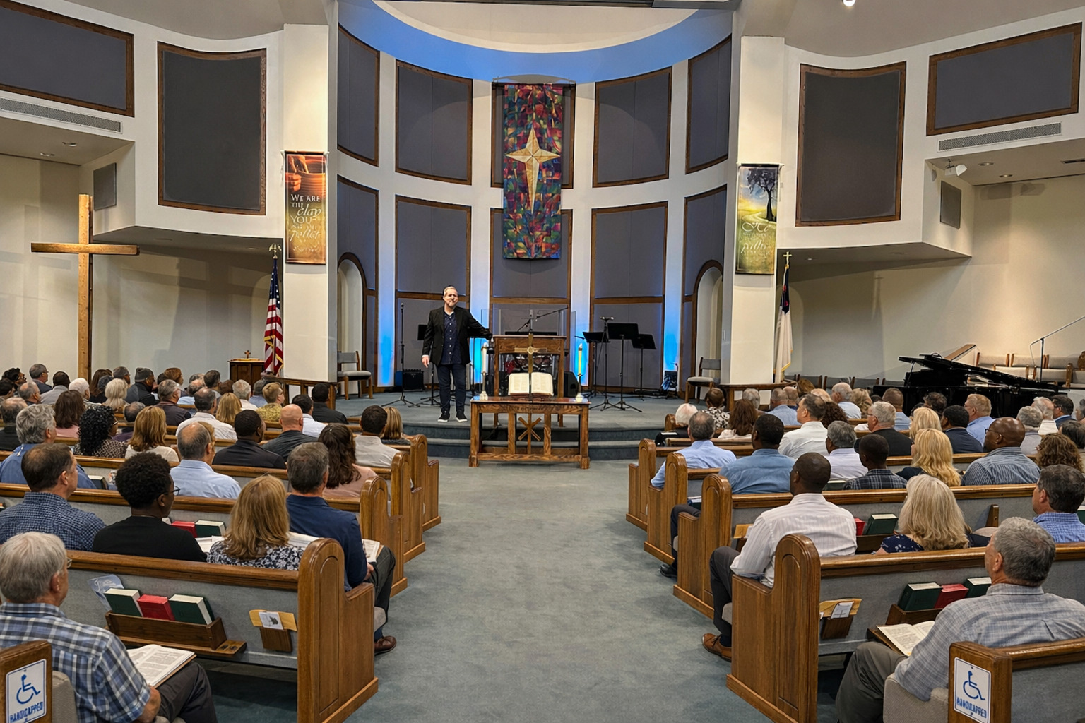 Pastor Jim speaking to the congregation at Bethel